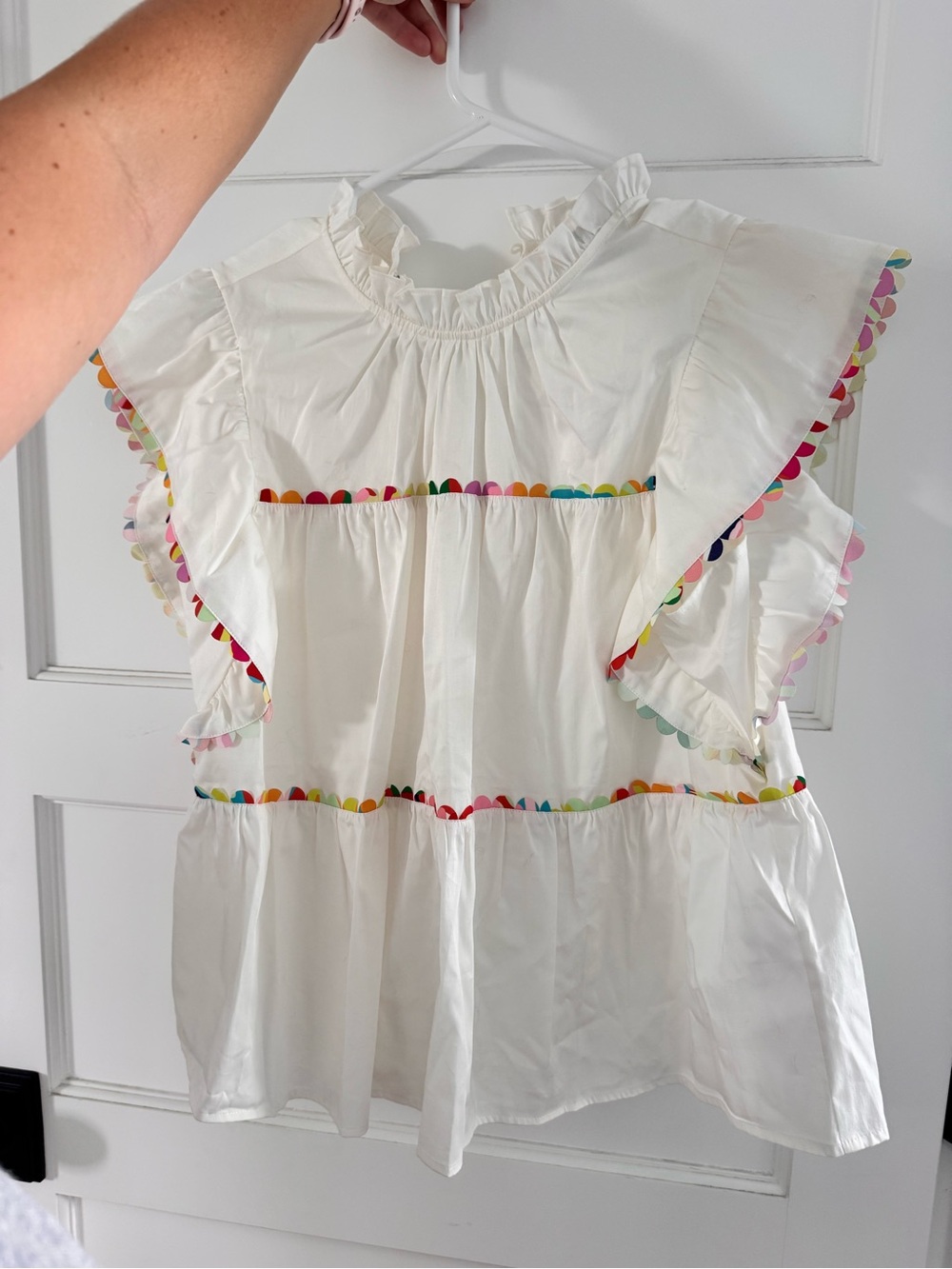 CROSBY by Mollie Burch White Ruffle Top with Rainbow Scallop Trim